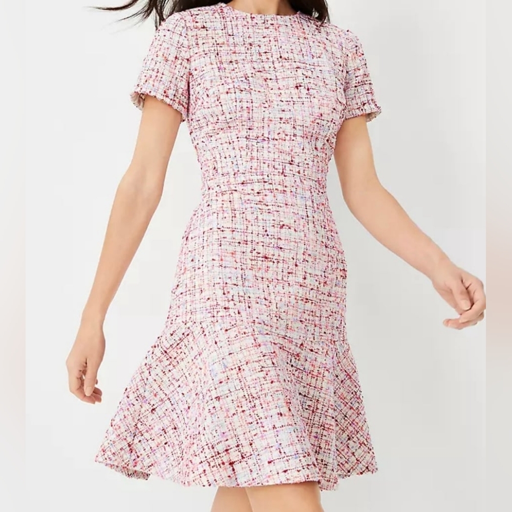 ANN TAYLOR Multicolored Tweed Flounce Dress In Frosty Magenta Sz 4